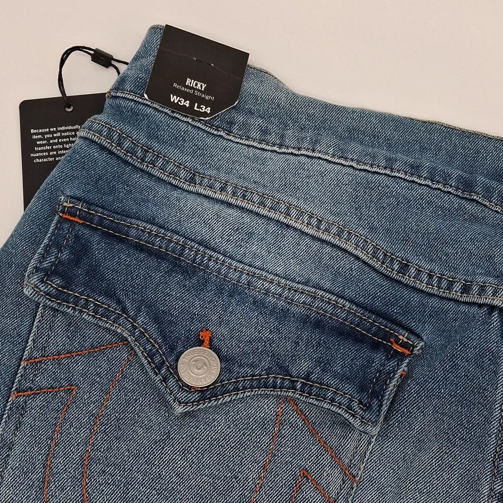 True Religion Ricky Straight Leg Jean Flap Pockets Baseline Blue 34x34